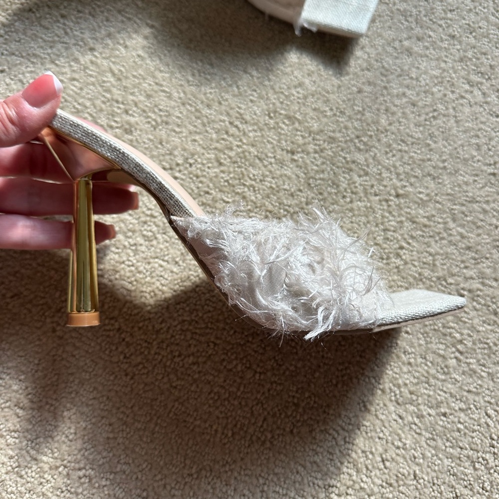 Feather-Trim Open-Toe heel in Cream with Gold Heel, worn once, square toe